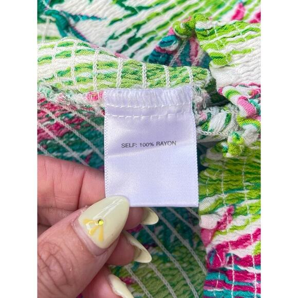 Rose + Olive Smocked Palm Leaf Print Ruffle Strap Tank Top - Size Medium - Picture 8 of 9